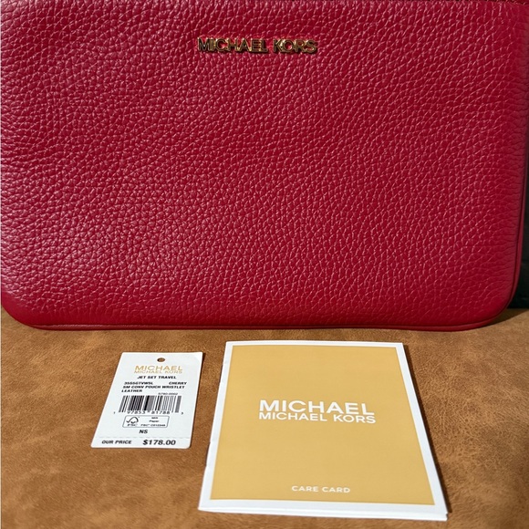 Michael Kors Jet Set Small Pebbled Leather Convertible Wristlet Cherry Red - Picture 3 of 8